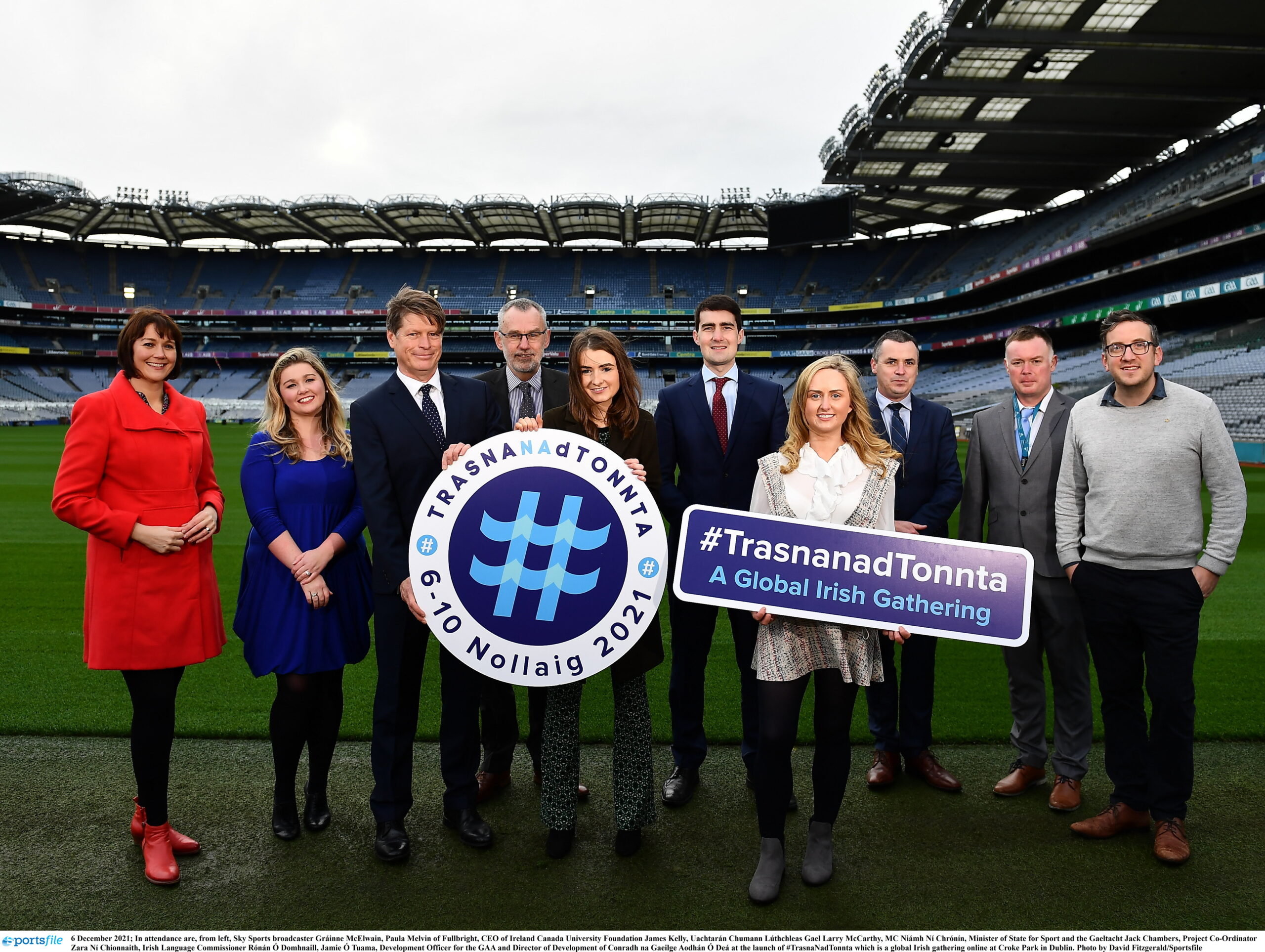 6 December 2021; In attendance are, from left, Sky Sports broadcaster Gráinne McElwain, Paula Melvin of Fullbright, CEO of Ireland Canada University Foundation James Kelly, Uachtarán Chumann Lúthchleas Gael Larry McCarthy, MC Niámh Ní Chrónín, Minister of State for Sport and the Gaeltacht Jack Chambers, Project Co-Ordinator Zara Ní Chionnaith, Irish Language Commissioner Rónán Ó Domhnaill, Jamie Ó Tuama, Development Officer for the GAA and Director of Development of Conradh na Gaeilge Aodhán Ó Deá at the launch of #TrasnaNadTonnta which is a global Irish gathering online at Croke Park in Dublin. Photo by David Fitzgerald/Sportsfile