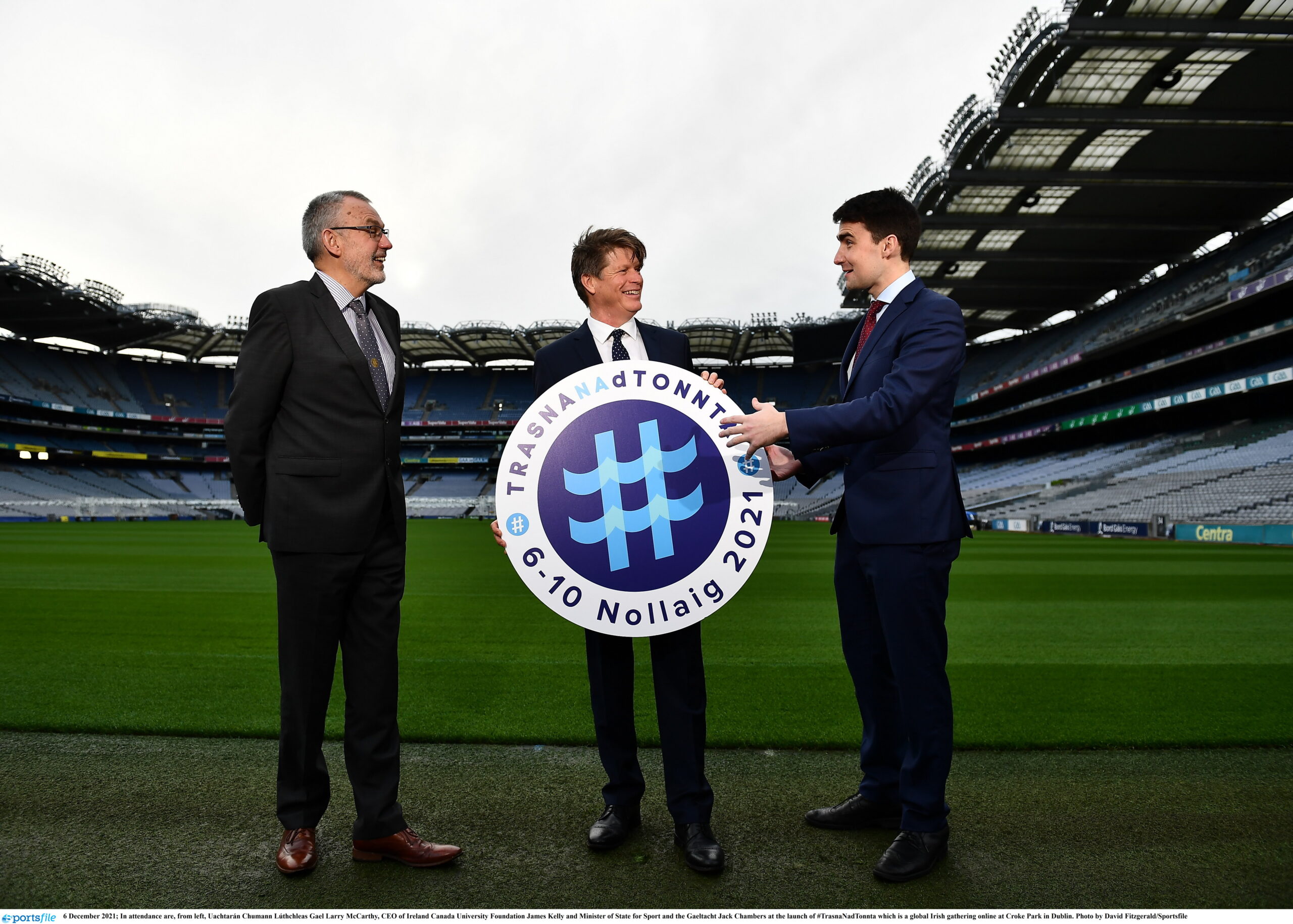 6 December 2021; In attendance are, from left, Uachtarán Chumann Lúthchleas Gael Larry McCarthy, CEO of Ireland Canada University Foundation James Kelly and Minister of State for Sport and the Gaeltacht Jack Chambers at the launch of #TrasnaNadTonnta which is a global Irish gathering online at Croke Park in Dublin. Photo by David Fitzgerald/Sportsfile